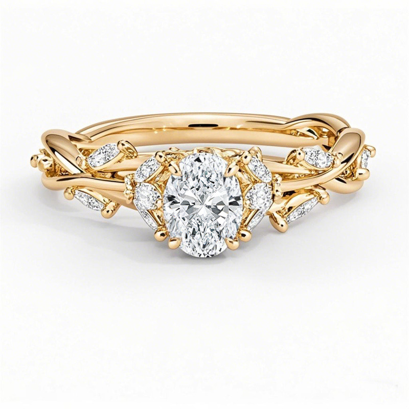 Bague de fiançailles en or 10 carats sertie de diamants ovales de synthèse (poids total : 1 à 3,5 carats), certifiée IGI 3EX.-1