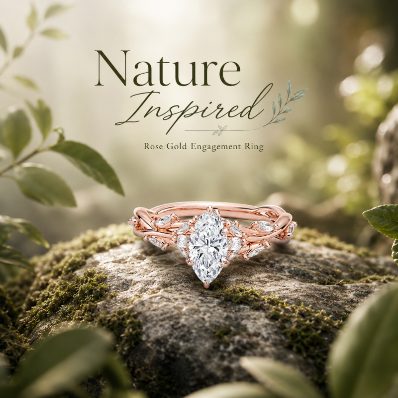 Verlobungsring aus 18-karätigem Gold mit 1 bis 3 Karat im Marquise-Schliff geschliffenem, im Labor gezüchtetem Diamanten und individuellem Blättermotiv, inspiriert von der Natur-5