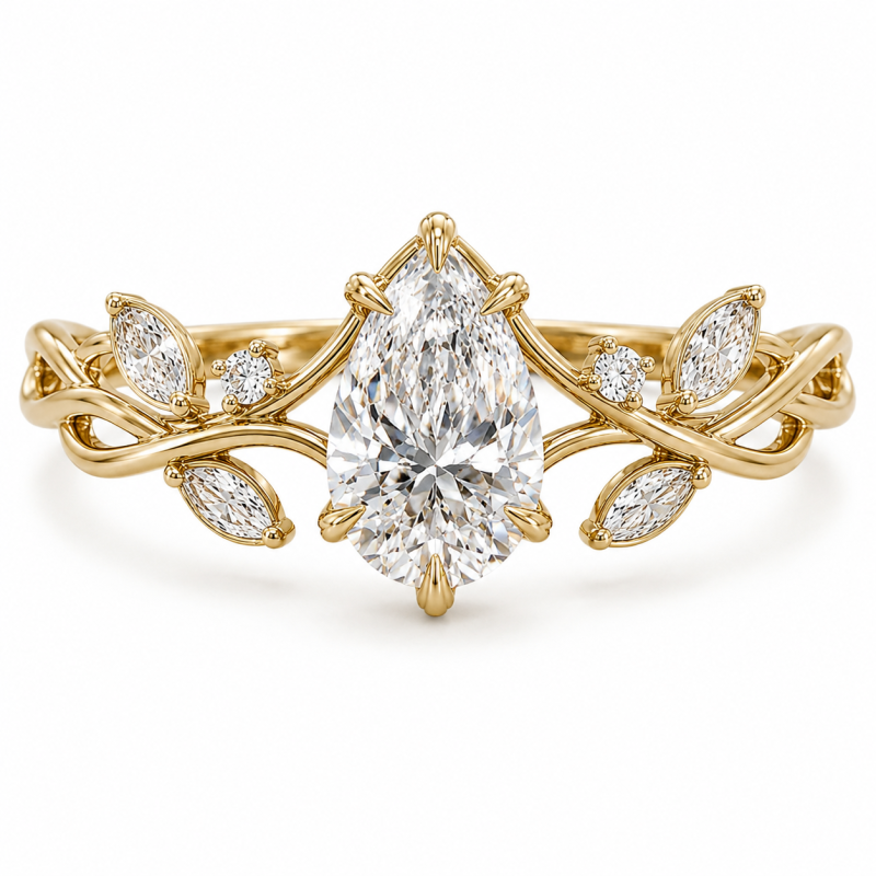 Sterling Silver with Yellow Gold Plated 1 to 3 CT Pear Cut Lab-Grown Diamond Ivy Custom Natural Inspired Engagement Ring-1