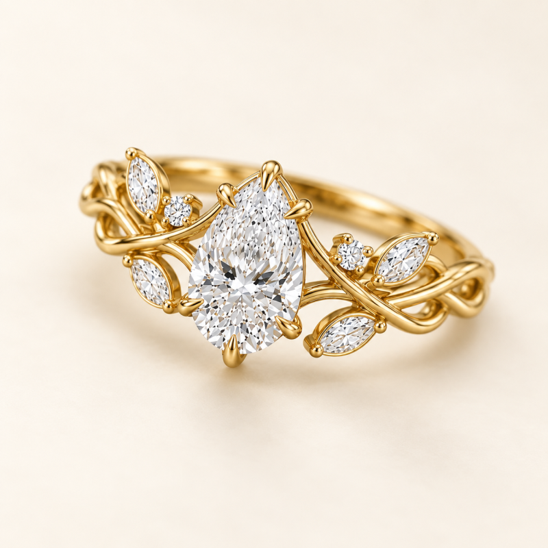 Verlobungsring aus Sterlingsilber mit gelbvergoldetem, birnenförmigem, im Labor gezüchtetem Diamanten (1–3 Karat), individuell gestaltet im Stil von Efeu, inspiriert von der Natur-4