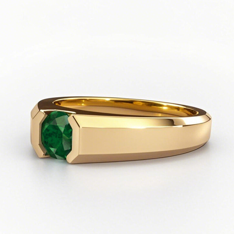 Anillo de oro de 14 quilates con gema de esmeralda cultivada en laboratorio de talla redonda para hombre.-1