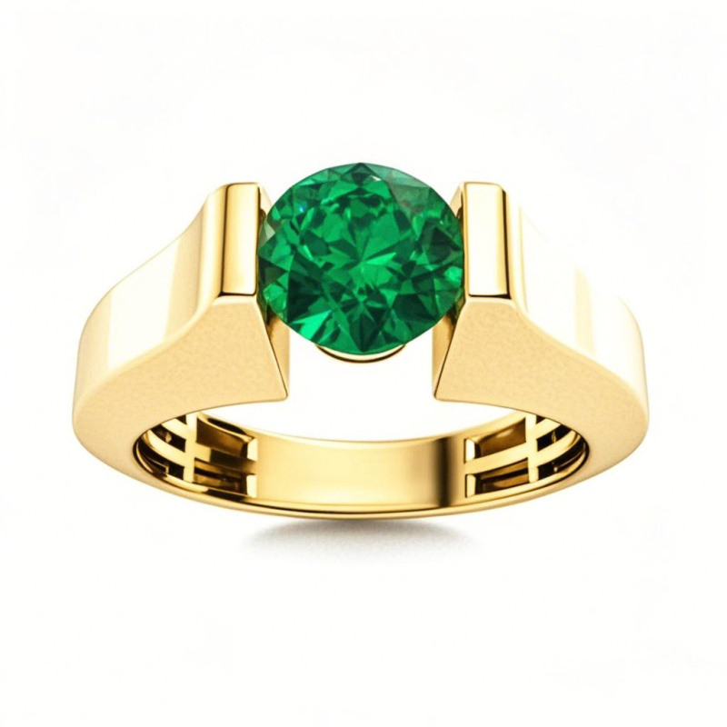 Anillo de oro de 14 quilates con esmeralda sintética de talla redonda para hombre.-1