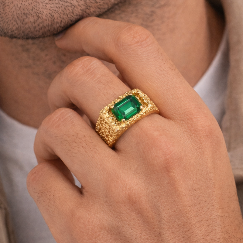 Banda para hombre de oro 18K con esmeralda artificial cortada en forma de esmeralda, de 1 a 6 CT-2