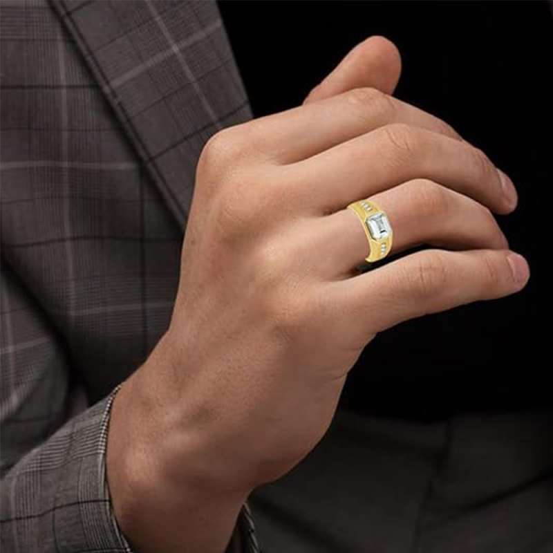 Anillo para hombre de oro de 14 quilates con piedra de nacimiento en corte esmeralda, de 1 a 6 quilates-2