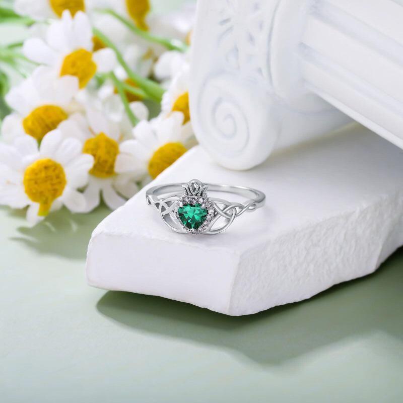 14K Gold 1 to 6 CT Heart Cut Emerald & 0.1 CT.T.W. Diamond Celtic Knot Claddagh Promise Band-4