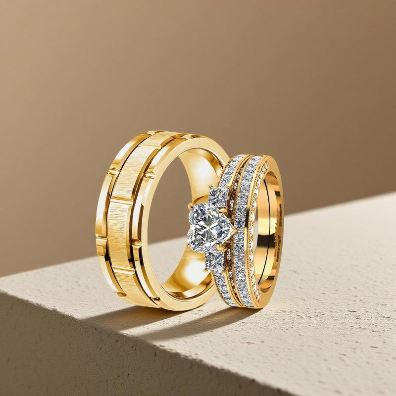 18K Gold 1 to 6 CT Heart Cut Moissanite Couple Rings-3