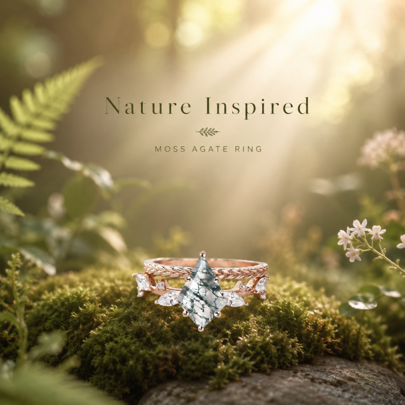 10K Gold 1 to 6 CT Kite Cut Leaves Moss Agate Natural Inspired Bridal Set Engagement Ring-5