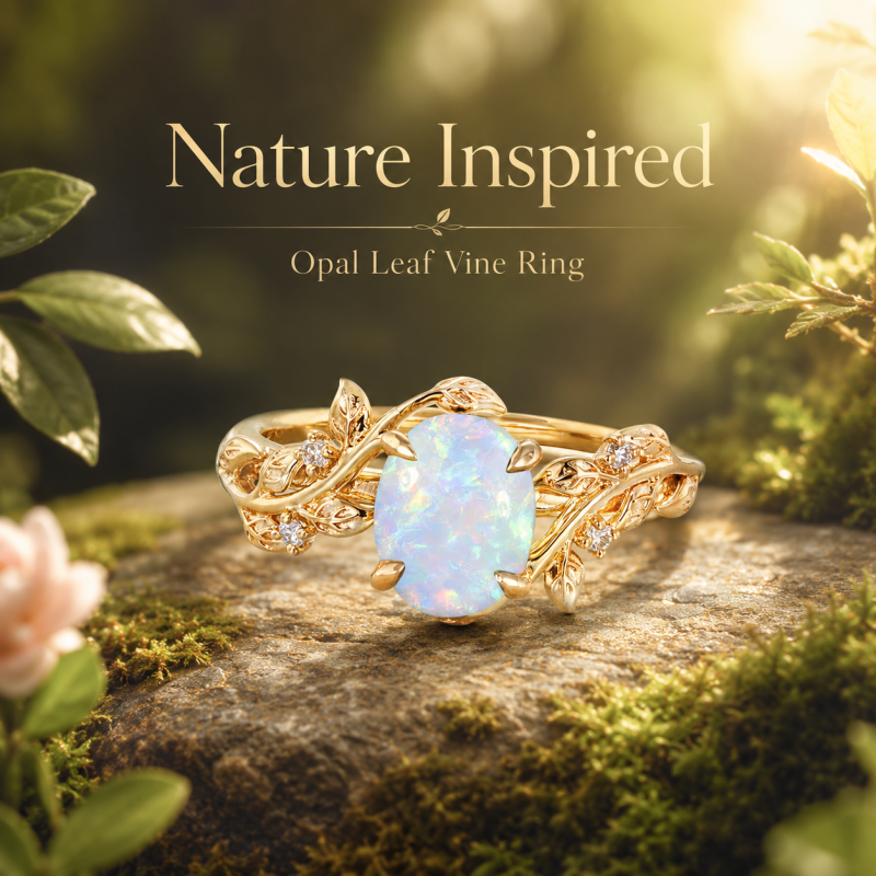 Bague de fiançailles ovale en or 14 carats, motif lierre, inspirée de la nature, pierre de naissance, feuille et vigne, style Art déco, bague de promesse d'anniversaire-6
