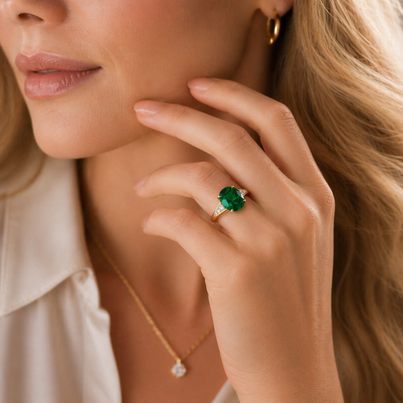 Anillo de compromiso en oro de 14K con moissanita de corte ovalado de 1 a 6 CT y esmeralda cultivada en laboratorio-2