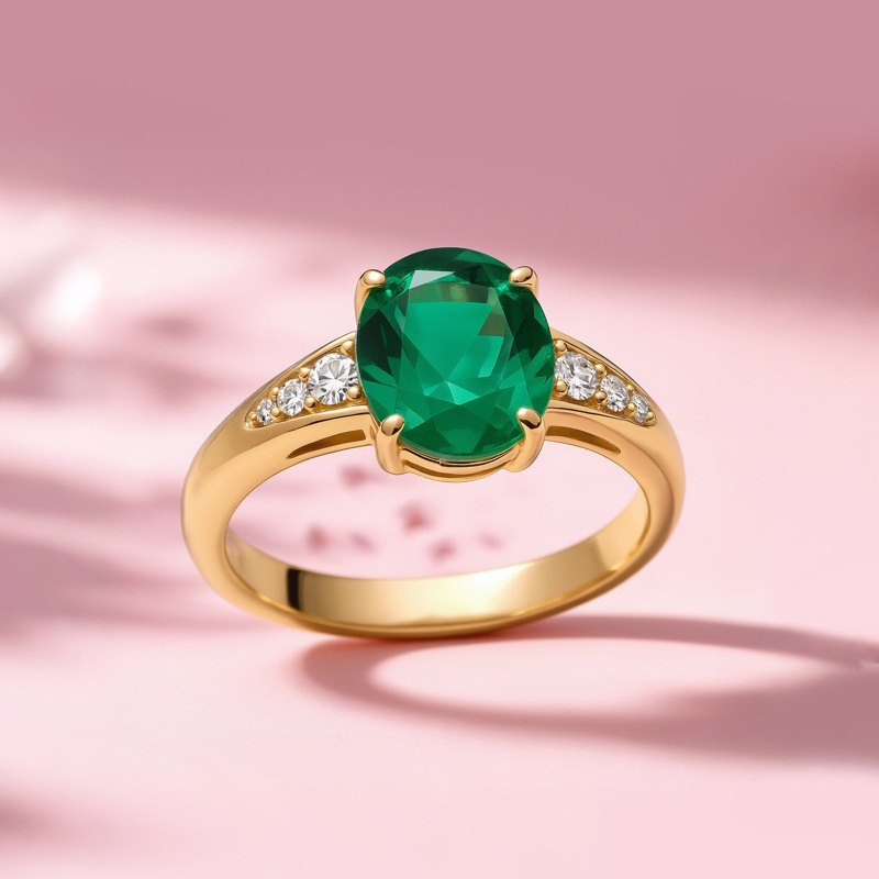 Anillo de compromiso en oro de 14K con moissanita de corte ovalado de 1 a 6 CT y esmeralda cultivada en laboratorio-3