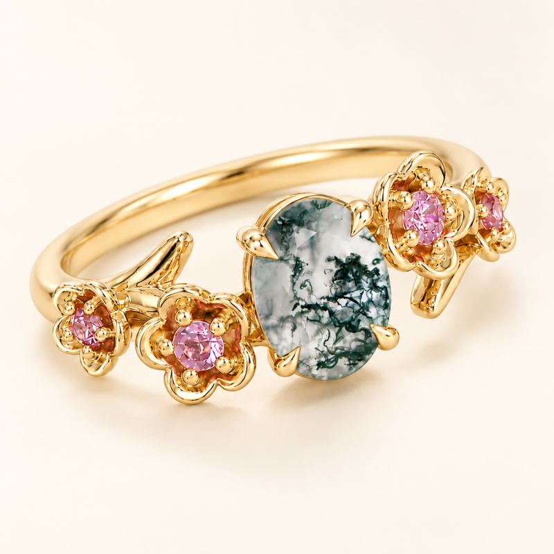 Verlobungsring aus Sterlingsilber mit gelbvergoldeter Oberfläche und ovalem Moosachatkristall (1 bis 6 Karat), floral und von der Natur inspiriert-4