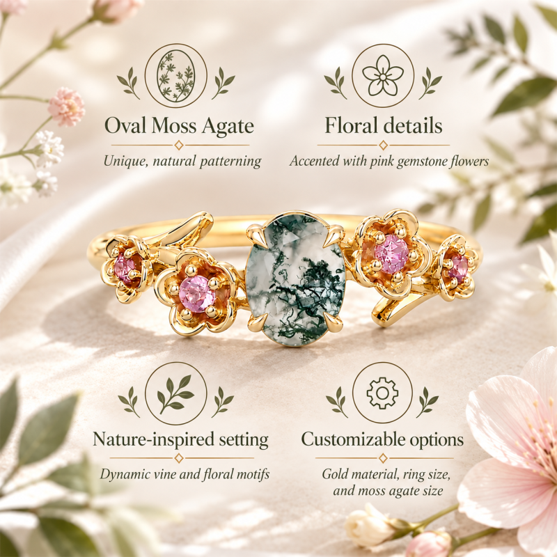 Verlobungsring aus Sterlingsilber mit gelbvergoldeter Oberfläche und ovalem Moosachatkristall (1 bis 6 Karat), floral und von der Natur inspiriert-5