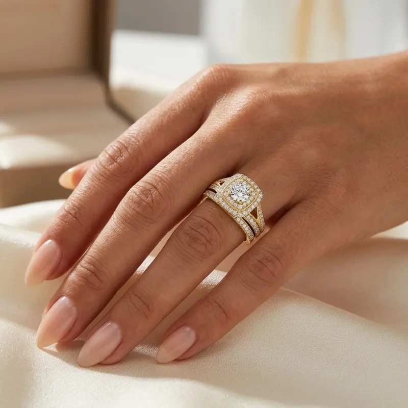 Conjunto nupcial de oro de 14 quilates con diamante redondo de 1 a 6 quilates-2