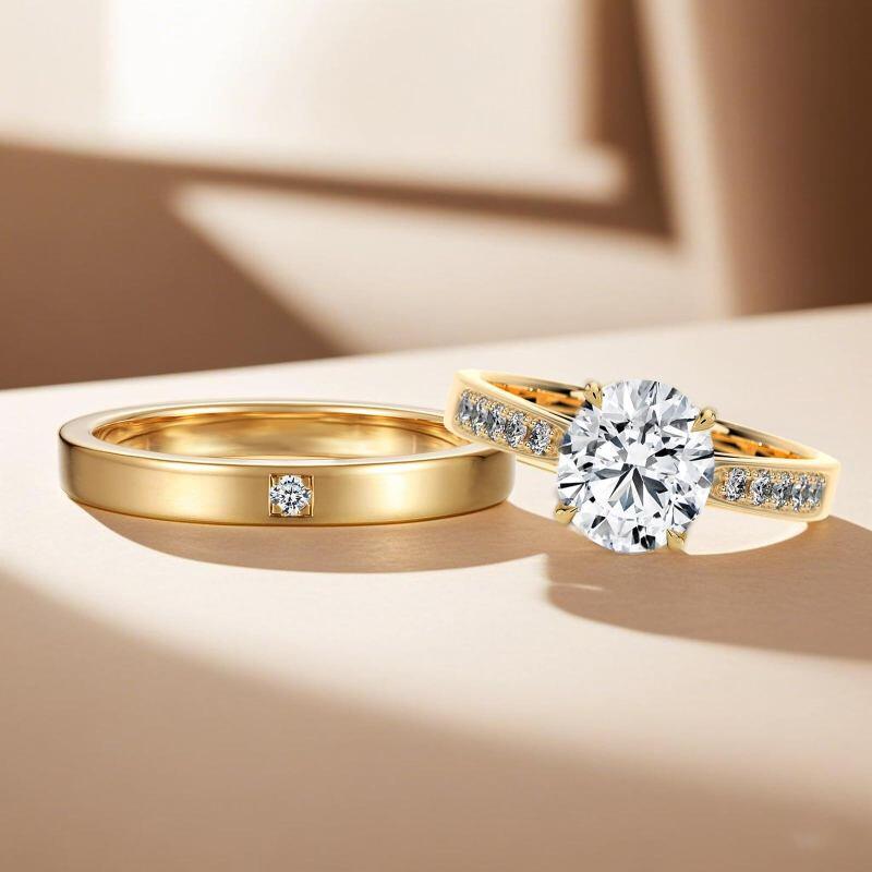 14K Gold 1 to 6 CT Round Cut Moissanite Couple Rings-3