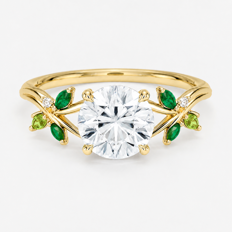 Sterling Silver with Yellow Gold Plated 1 to 6 CT Round Cut Moissanite Leaves Sidestone Natural Inspired Engagement Ring-17