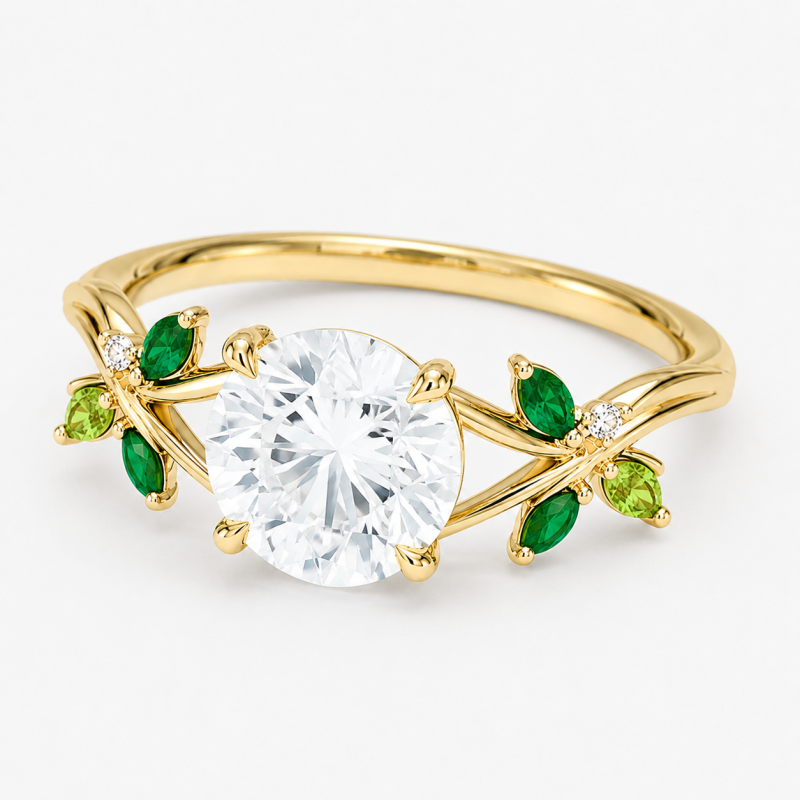 Anel de Noivado Inspirado na Natureza com Moissanita Sintética de Corte Redondo de 1 a 6 Quilates e Pedras Laterais em Forma de Folhas de Esmeralda em Ouro 18K-3