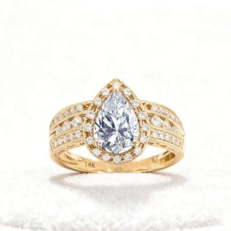 10K Gold 2 CT Pear Cut Moissanite Engagement Ring-3
