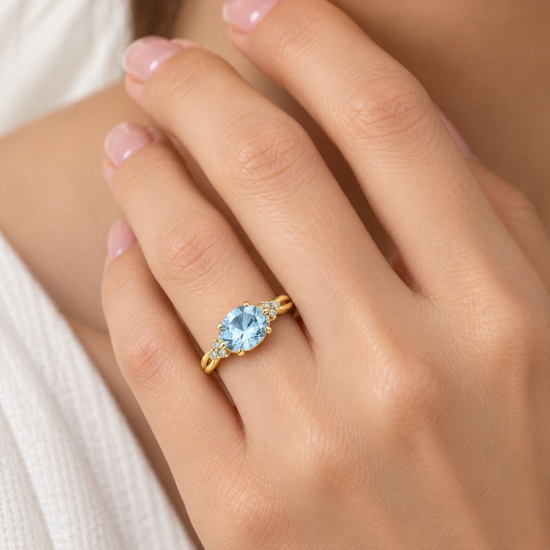 Verlobungsring aus 10-karätigem Gold mit ovalem Aquamarin-Moissanit (2 Karat Gesamtgewicht)-2
