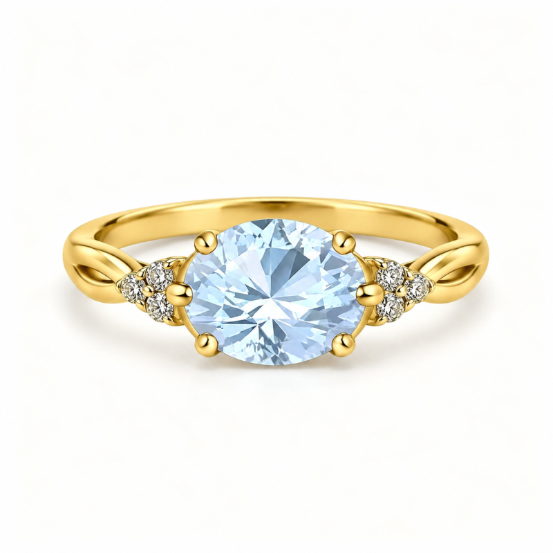 Verlobungsring aus 10-karätigem Gold mit ovalem Aquamarin-Moissanit (2 Karat Gesamtgewicht)-3