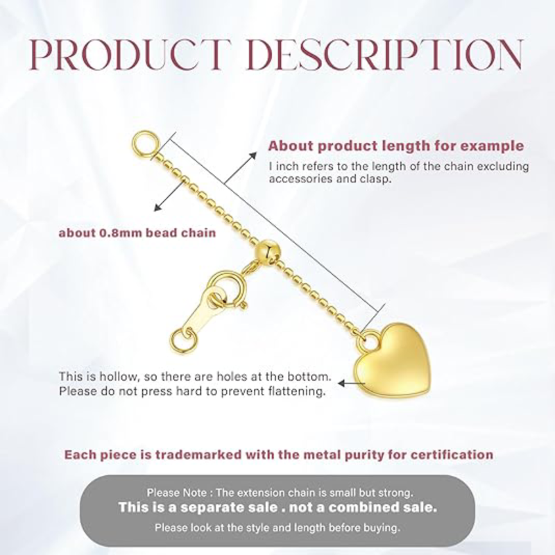 14K Gold 2Inch Heart Bead Station Chain Extender Chain-4