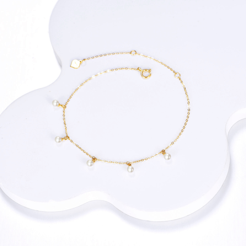 10K Gold 3mm Freshwater Pearls Charm Bracelet-3