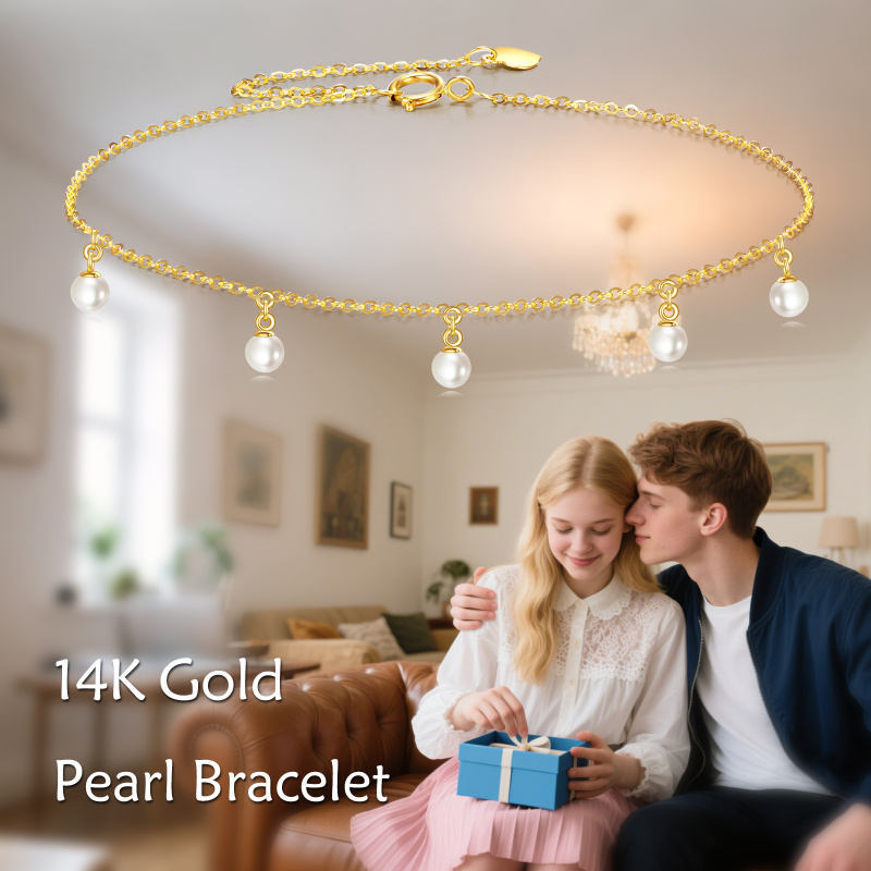 10K Gold 3mm Freshwater Pearls Charm Bracelet-5