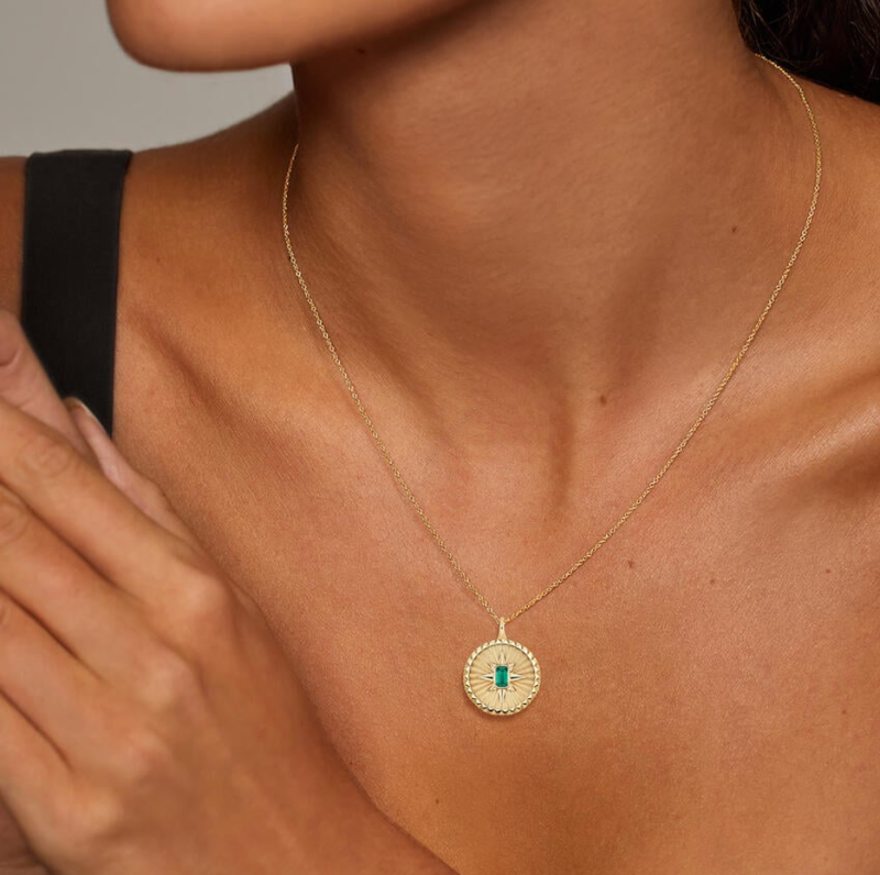 18K Gold 5 x 3 mm Emerald Star Medallion Necklace-2