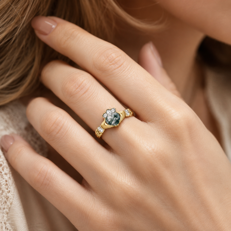 Bague de fiançailles Claddagh en or 14 carats avec agate taille cœur et pierre latérale-2