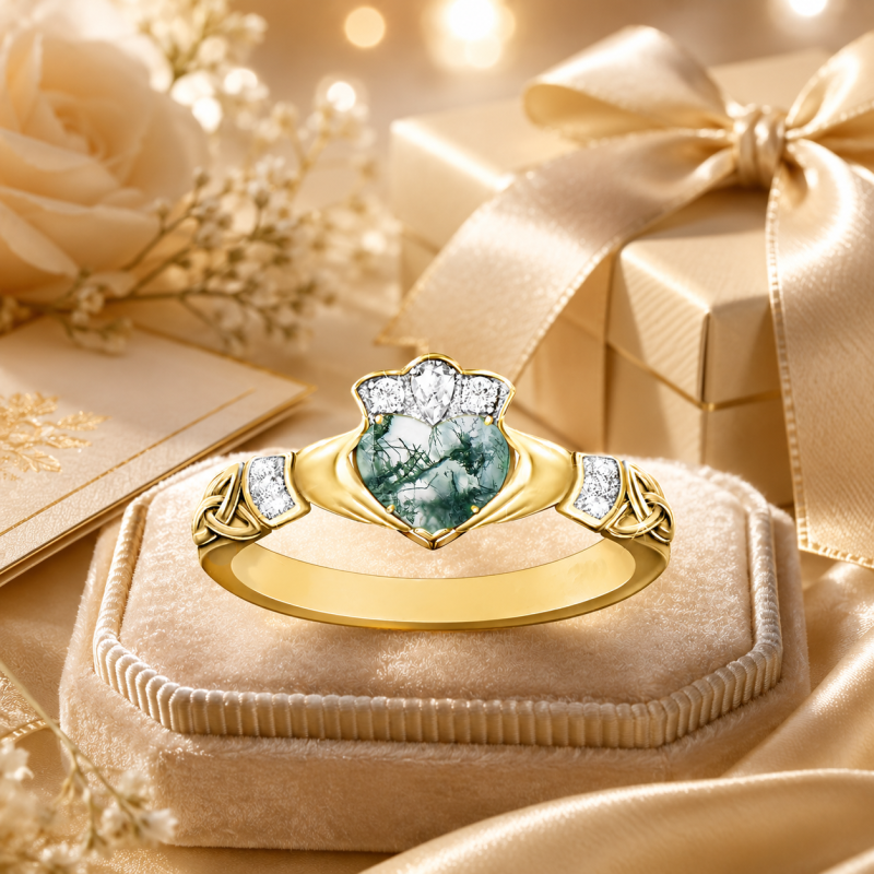 Bague de fiançailles Claddagh en or 14 carats avec agate taille cœur et pierre latérale-3
