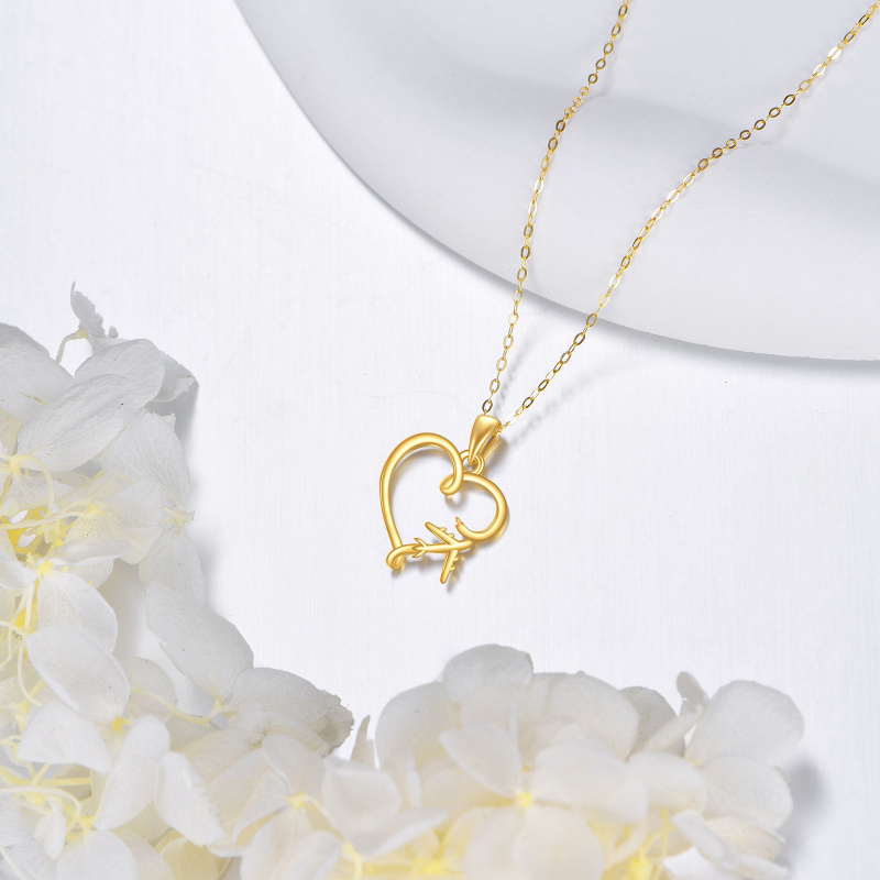 18K Gold Airplane & Heart Pendant Necklace-4