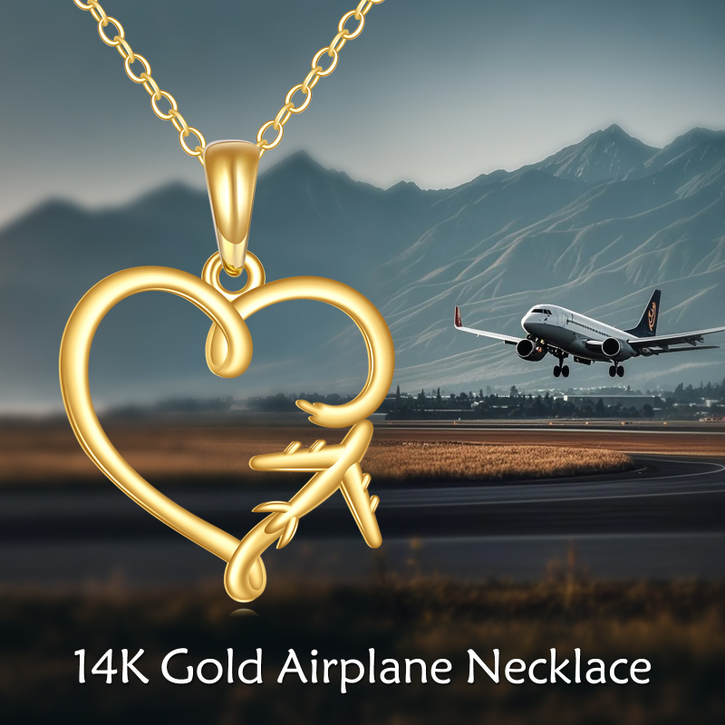 18K Gold Airplane & Heart Pendant Necklace-6
