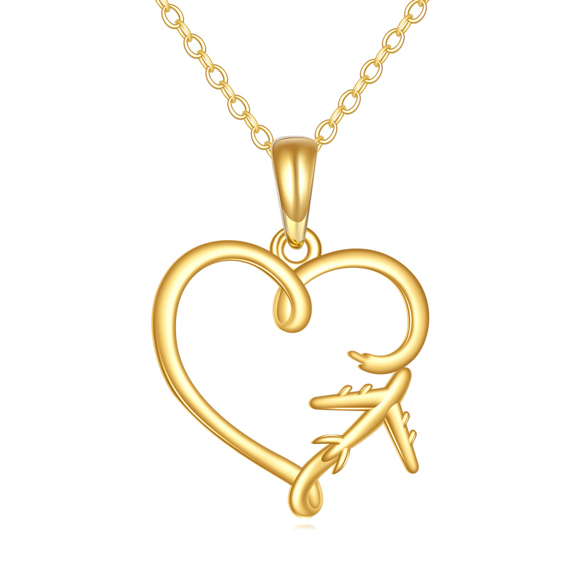 18K Gold Airplane & Heart Pendant Necklace-1