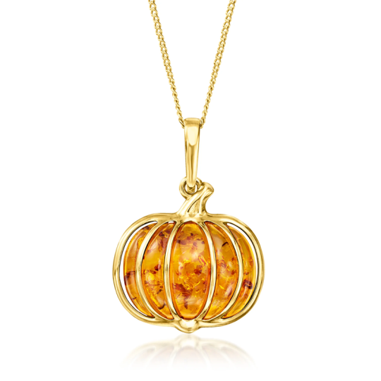Collar de Halloween o otoño con colgante de calabaza de ámbar chapado en oro amarillo y plata de ley.