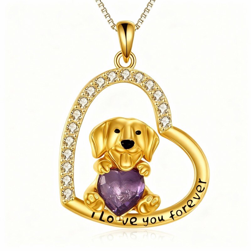 Collier pendentif en or 18 carats avec améthyste, chien et cœur-1