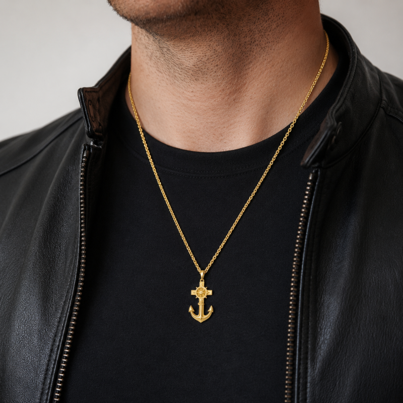 10K Gold Anchor & Cross Pendant Charms for Men-2