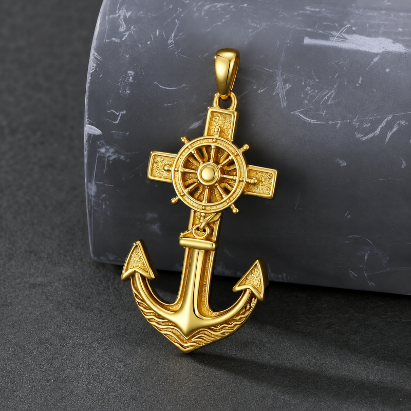 10K Gold Anchor & Cross Pendant Charms for Men-3