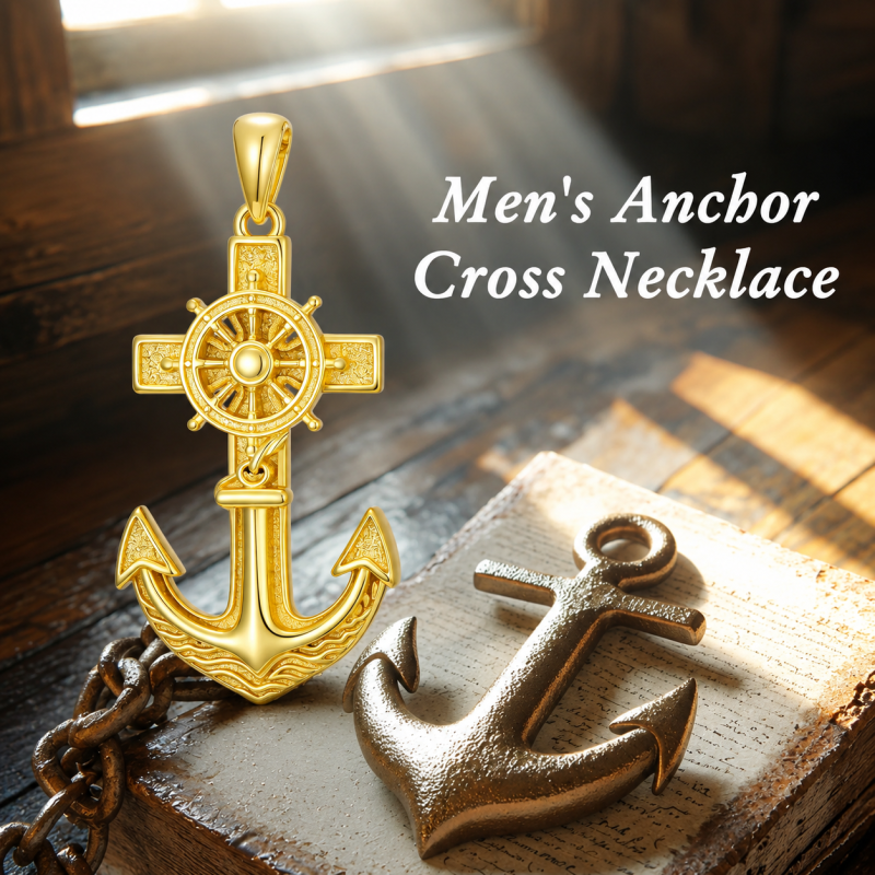 10K Gold Anchor & Cross Pendant Charms for Men-4