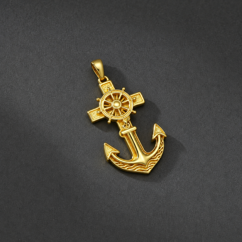 10K Gold Anchor & Cross Pendant Charms for Men-5