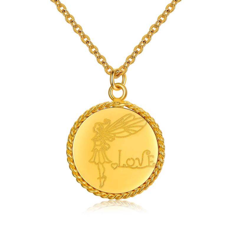 Collar con colgante de moneda de hada y ala de ángel de oro de 14 quilates con palabra grabada-1
