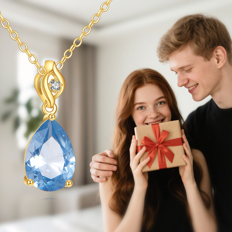 10K Gold Aquamarine & Laboratory Diamonds Drop Shape Pendant Necklace-5