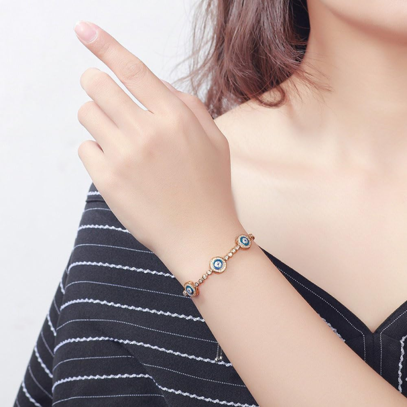 14K Gold Aquamarine & Moissanite Evil Eye Box Chain Bracelet for Women-2