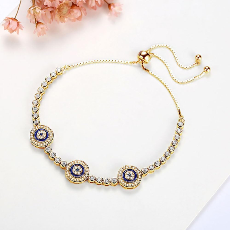 14K Gold Aquamarine & Moissanite Evil Eye Box Chain Bracelet for Women-3