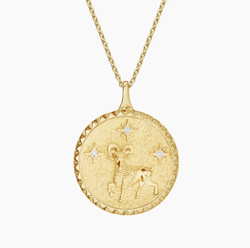 14 Karat Gold Halskette mit Diamant-Medaillon-Anhänger im Sternzeichen Widder-1