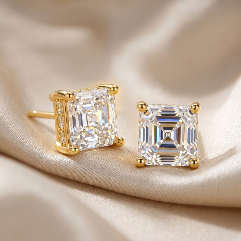 18K Gold Asscher Cut Laboratory Diamonds Stud Earrings-2