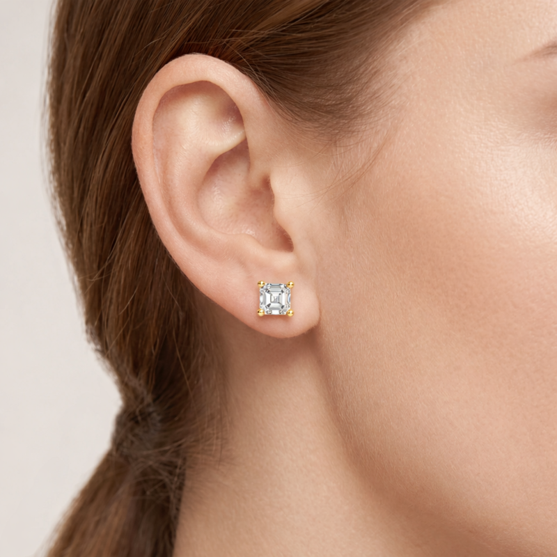 18K Gold Asscher Cut Laboratory Diamonds Stud Earrings-4