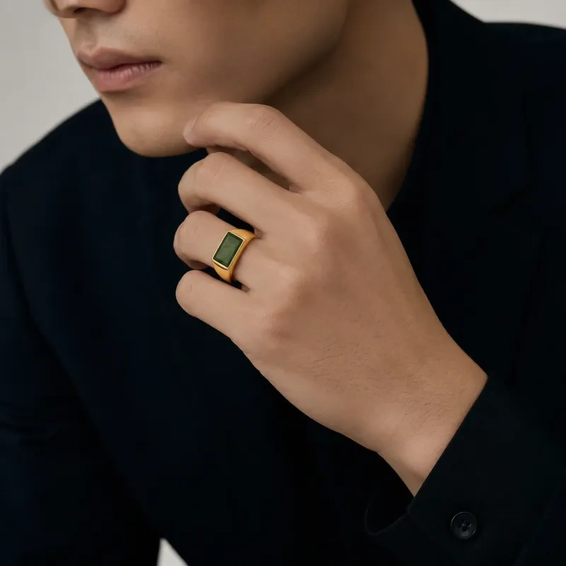 Bague chevalière pour homme en or 10 carats avec pierre précieuse en jaspe taille baguette-2