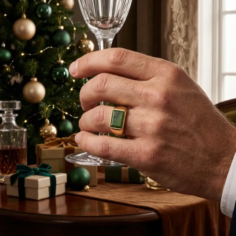 Bague chevalière pour homme en or 10 carats avec pierre précieuse en jaspe taille baguette-3