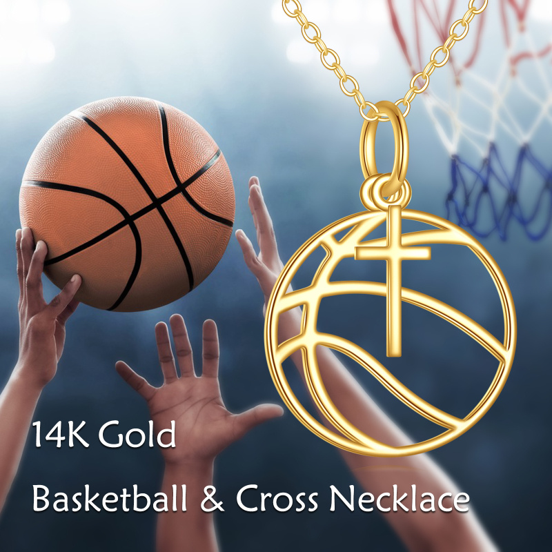 Collar con colgante de cruz de baloncesto en oro de 10 quilates-6