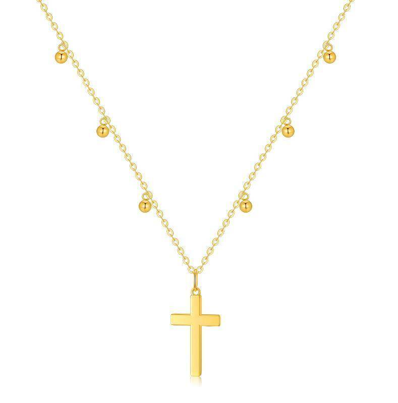 10K Gold Bead & Cross Pendant Necklace-1