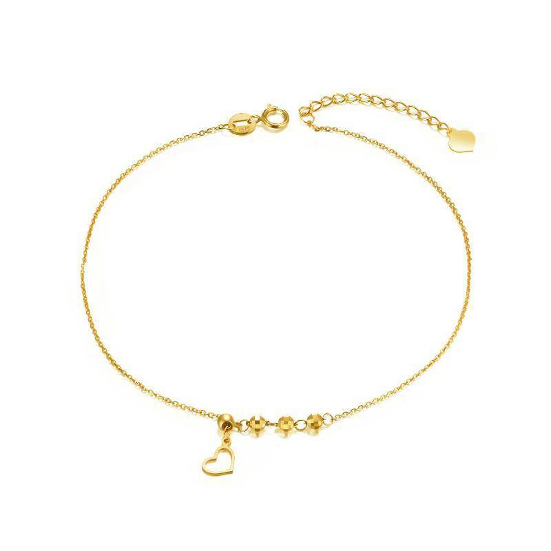 18K Gold Bead & Heart Single Layer Charm Anklet-1